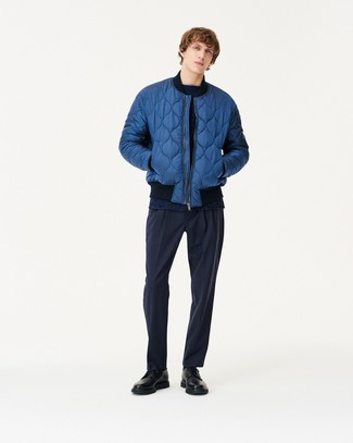 Blue Bomber Jacket Outfits For Men: This refined pairing of a blue bomber jacket and navy dress pants is a must-try outfit for any modern gentleman. A pair of black leather derby shoes looks right at home here.