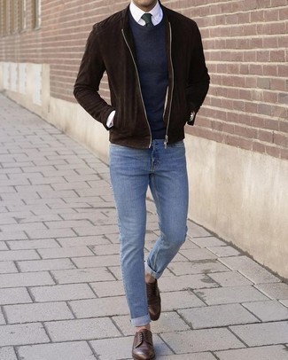 Dark Brown Suede Bomber Jacket Outfits For Men: This combination of a dark brown suede bomber jacket and light blue jeans will hallmark your prowess in menswear styling even on off-duty days. Complete your ensemble with brown leather brogues to effortlessly turn up the wow factor of any look.
