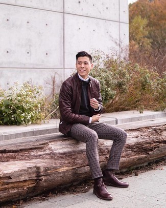 Dark Brown Crew-neck Sweater Outfits For Men: Combining a dark brown crew-neck sweater with brown gingham wool dress pants is an on-point option for a casually neat look. Make brown leather desert boots your footwear choice to make a traditional ensemble feel suddenly edgier.