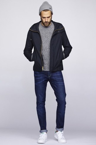 Men's Black Bomber Jacket, Grey Crew-neck Sweater, Navy Jeans, White Leather Low Top Sneakers