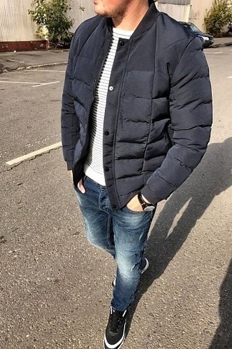 Men's Navy Quilted Bomber Jacket, White and Navy Horizontal Striped Crew-neck Sweater, Blue Jeans, Black Leather High Top Sneakers
