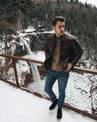 Dark Brown Leather Bomber Jacket Outfits For Men: Wear a dark brown leather bomber jacket and navy jeans to put together a truly stylish and modern-looking off-duty ensemble. And if you want to instantly class up this ensemble with footwear, introduce black suede chelsea boots to this ensemble.