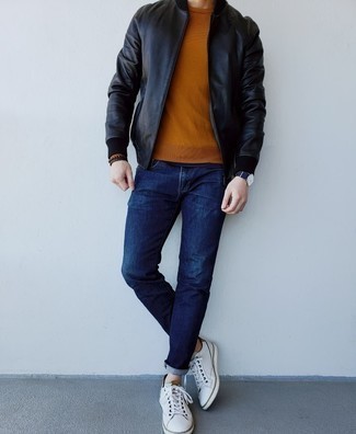 Men's Black Leather Bomber Jacket, Tobacco Crew-neck Sweater, Navy Jeans, White Leather Low Top Sneakers