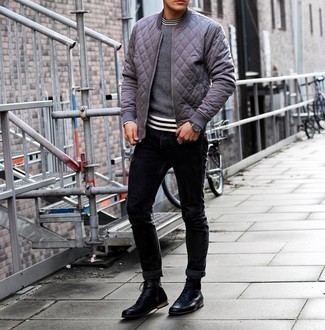 Grey Quilted Bomber Jacket Outfits For Men: This combination of a grey quilted bomber jacket and black jeans is hard proof that a straightforward off-duty look can still be truly sharp. Let your sartorial skills truly shine by completing your look with a pair of black leather casual boots.