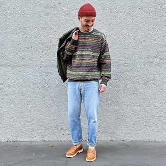 Red Beanie Outfits For Men: Consider wearing a dark green bomber jacket and a red beanie for both stylish and easy-to-wear ensemble. Make your look a bit more elegant by rounding off with a pair of tobacco leather loafers.