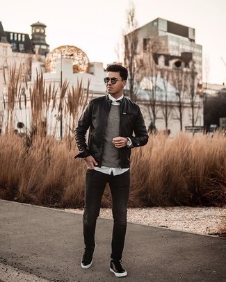 Navy Sunglasses Outfits For Men: If it's comfort and functionality that you appreciate in an outfit, consider teaming a black leather bomber jacket with navy sunglasses. Introduce a pair of black leather low top sneakers to the mix to make the getup a bit more sophisticated.