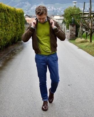 Men's Brown Suede Bomber Jacket, Green-Yellow Crew-neck Sweater, White and Blue Vertical Striped Long Sleeve Shirt, Navy Chinos