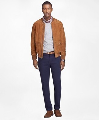 Men's Tobacco Suede Bomber Jacket, Grey Crew-neck Sweater, Multi colored Gingham Long Sleeve Shirt, Navy Chinos
