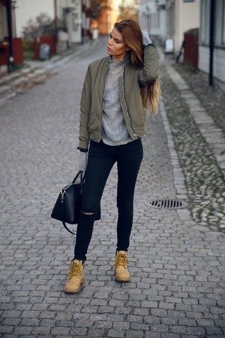 Women's Olive Bomber Jacket, Grey Crew-neck Sweater, Navy Ripped Skinny Jeans, Tan Nubuck Lace-up Flat Boots