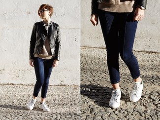 Women's Black Leather Bomber Jacket, Tan Crew-neck Sweater, Navy Skinny Jeans, White Low Top Sneakers