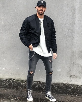 Men's Black Bomber Jacket, White Crew-neck Sweater, Charcoal Ripped Skinny Jeans, Black and White Canvas High Top Sneakers