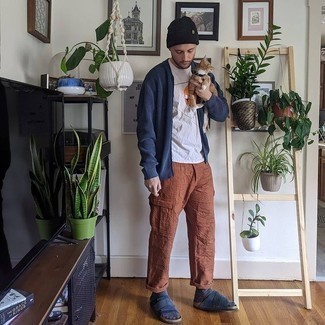 Tobacco Cargo Pants Outfits: Pair a navy knit bomber jacket with tobacco cargo pants for a straightforward look that's also put together. Rounding off with a pair of navy suede sandals is a surefire way to bring a more casual touch to this look.