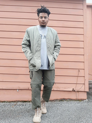 Mint Bomber Jacket Outfits For Men: You'll be amazed at how easy it is for any gentleman to throw together this casual ensemble. Just a mint bomber jacket worn with olive cargo pants. Bring a playful feel to this look with a pair of beige athletic shoes.