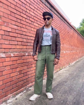 Men's Dark Brown Leather Bomber Jacket, Grey Print Crew-neck T-shirt, Olive Chinos, White Canvas Low Top Sneakers