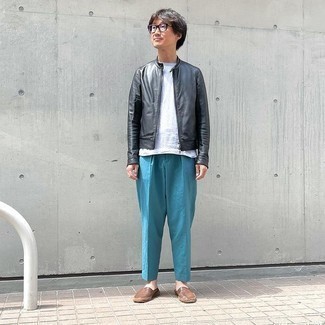 Brown Leather Espadrilles Outfits For Men: For a casual look with a modern twist, you can rely on a black leather bomber jacket and teal chinos. The whole look comes together if you complement this getup with brown leather espadrilles.