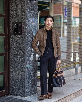 Black Suede Tote Bag Outfits For Men: The formula for a killer relaxed casual outfit? A brown houndstooth wool bomber jacket with a black suede tote bag. Go the extra mile and break up your ensemble by finishing with a pair of dark brown fringe leather loafers.
