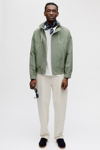500+ Spring Outfits For Men: Make a mint bomber jacket and white chinos your outfit choice for a hassle-free outfit that's also put together. Complement your look with black suede loafers to spice things up. An amazing example of transitional fashion, this ensemble is a staple this spring.