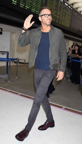 Ryan Reynolds wearing Grey Suede Bomber Jacket, Navy Crew-neck T-shirt, Charcoal Chinos, Burgundy Leather Derby Shoes