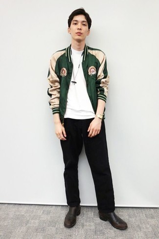 Olive Bomber Jacket Outfits For Men: You'll be surprised at how extremely easy it is for any guy to put together this casual look. Just an olive bomber jacket and black corduroy chinos. For a fashionable hi/low mix, complement this ensemble with a pair of dark brown leather chelsea boots.