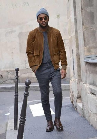 Tobacco Leather Casual Boots Chill Weather Outfits For Men: If you gravitate towards off-duty getups, why not take this pairing of a brown suede bomber jacket and charcoal chinos for a walk? Add tobacco leather casual boots to the equation to instantly ramp up the wow factor of any outfit.