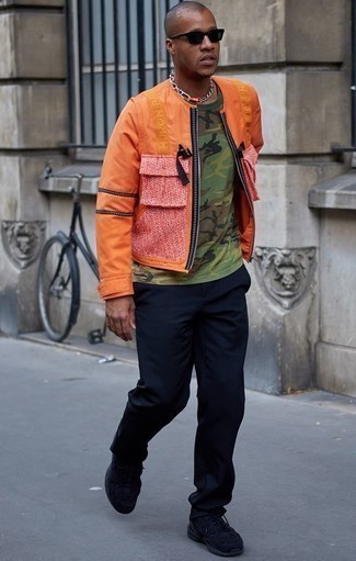 Men's Orange Bomber Jacket, Olive Camouflage Crew-neck T-shirt, Navy Chinos, Navy Athletic Shoes