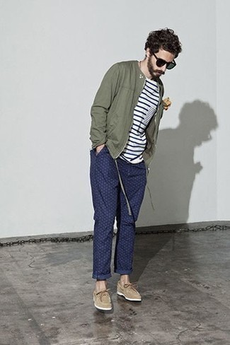 Men's Olive Bomber Jacket, White and Navy Horizontal Striped Crew-neck T-shirt, Navy Polka Dot Chinos, Beige Suede Boat Shoes