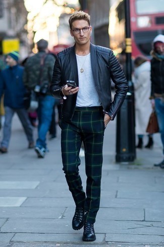 Men's Black Leather Bomber Jacket, White Crew-neck T-shirt, Navy and Green Plaid Chinos, Black Leather Work Boots