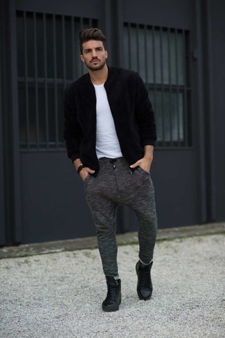 Grey Wool Chinos Outfits: For something more on the casual end, you can rely on a black bomber jacket and grey wool chinos. And if you wish to immediately dress down your getup with one item, why not complete this ensemble with black leather high top sneakers?