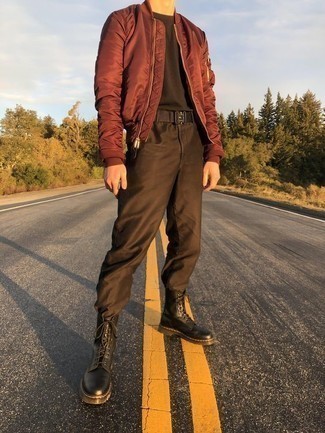 Burgundy Bomber Jacket Outfits For Men: This casual combo of a burgundy bomber jacket and black chinos is a surefire option when you need to look good but have zero time. For a smarter twist, why not add black leather casual boots to this ensemble?