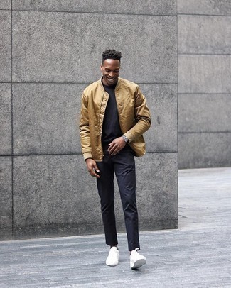 Beige Satin Bomber Jacket Outfits For Men: A beige satin bomber jacket and navy chinos are the kind of a no-brainer casual getup that you need when you have no extra time. Bring a carefree vibe to your look by sporting a pair of white canvas low top sneakers.