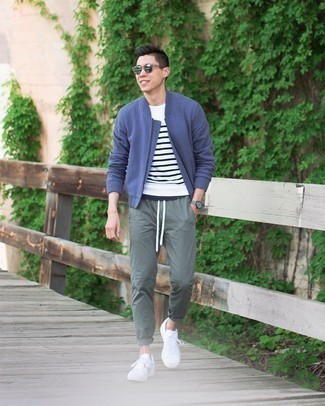 Men's Blue Bomber Jacket, White and Navy Horizontal Striped Crew-neck T-shirt, Mint Chinos, White Canvas Low Top Sneakers