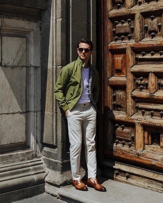 Tobacco Leather Loafers Outfits For Men: Parade your credentials in men's fashion by putting together an olive bomber jacket and beige chinos for an off-duty outfit. Tobacco leather loafers add a refined aesthetic to the look.