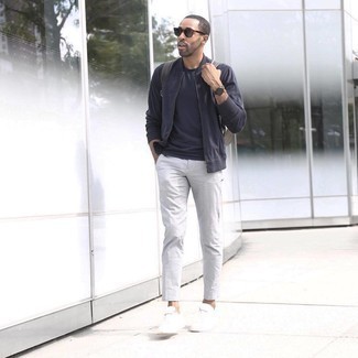 Men's Navy Bomber Jacket, Navy Crew-neck T-shirt, Grey Vertical Striped Chinos, White Canvas Low Top Sneakers