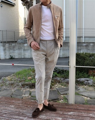 Perforated Suede Bomber Jacket Tan