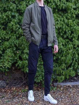 Men's Grey Bomber Jacket, Navy Crew-neck T-shirt, Navy Chinos, White Canvas Low Top Sneakers
