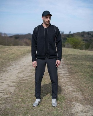 Men's Black Bomber Jacket, Black Crew-neck T-shirt, Charcoal Chinos, Silver Athletic Shoes
