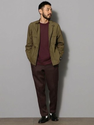 Olive Bomber Jacket Outfits For Men: This casual combo of an olive bomber jacket and dark brown chinos is a goofproof option when you need to look laid-back and cool but have no time. For something more on the dressier side to round off your look, introduce black leather loafers to the equation.