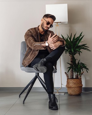 Dark Brown Suede Bomber Jacket Outfits For Men: This combo of a dark brown suede bomber jacket and black chinos is super easy to do and so comfortable to rock as well! Rounding off with a pair of black leather chelsea boots is a guaranteed way to breathe a dash of sophistication into this ensemble.