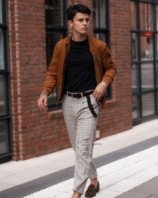 Grey Beaded Bracelet Outfits For Men: If the situation permits casual street style, you can go for a tobacco suede bomber jacket and a grey beaded bracelet. To give your overall ensemble a dressier vibe, why not complete your outfit with dark brown suede tassel loafers?