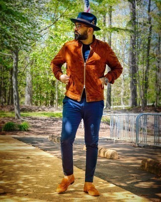 Tobacco Suede Bomber Jacket Outfits For Men: This combination of a tobacco suede bomber jacket and navy chinos is a safe bet for a seriously stylish ensemble. And if you want to immediately level up your outfit with shoes, why not complete this getup with tobacco suede loafers?