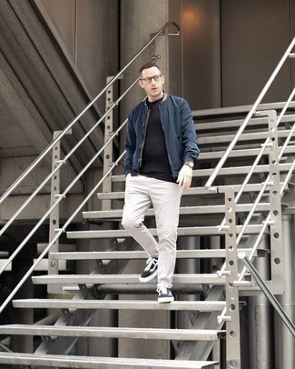 Men's Navy Bomber Jacket, Black Crew-neck T-shirt, White Chinos, Black and White Canvas Low Top Sneakers