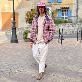 Violet Baseball Cap Outfits For Men: This relaxed casual combination of a pink check bomber jacket and a violet baseball cap is clean, dapper and very easy to copy. Don't know how to round off this ensemble? Rock a pair of brown suede loafers to smarten it up.