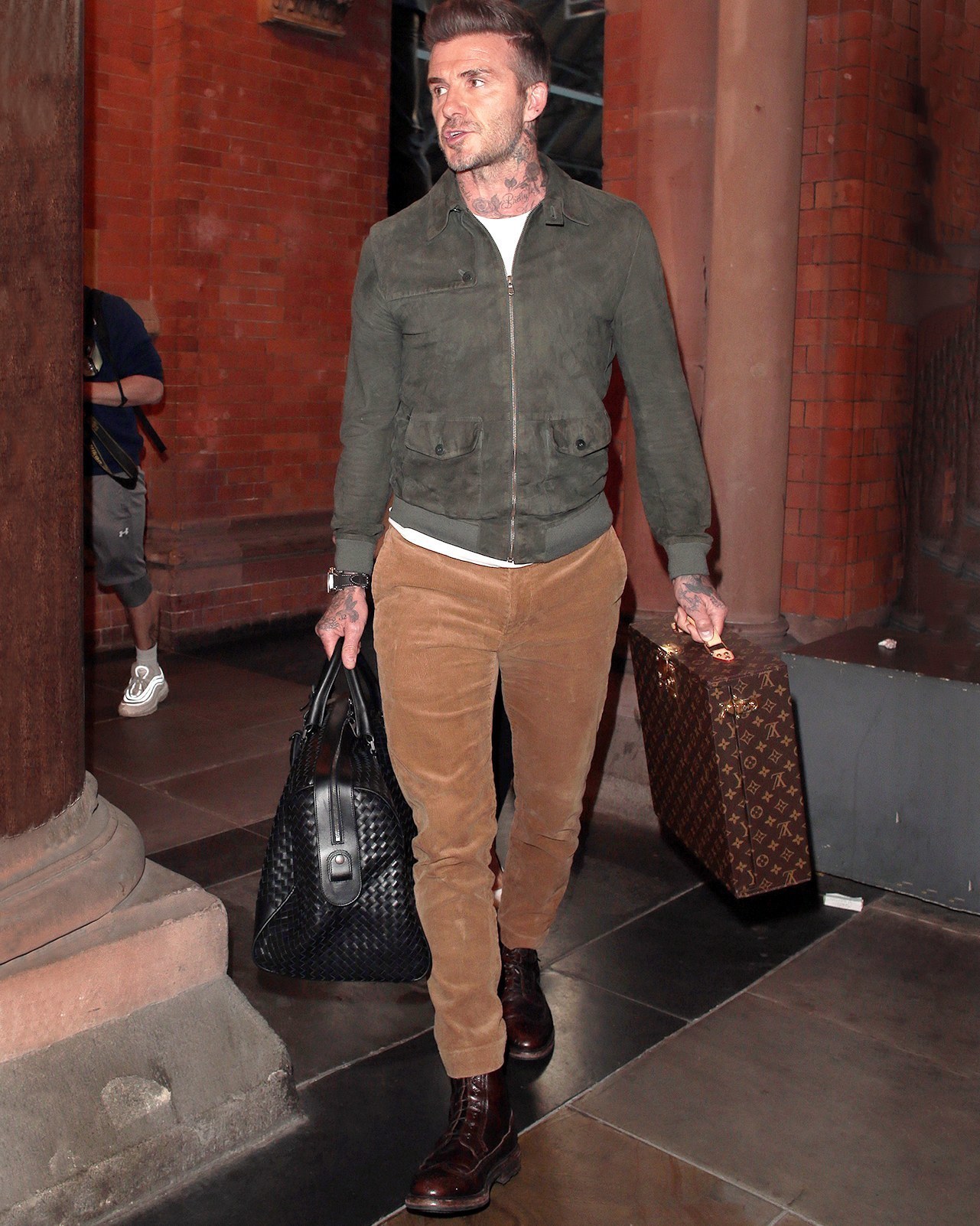 David Beckham wearing Black Bomber Jacket, White Crew-neck T-shirt