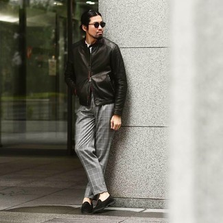 Men's Black Leather Bomber Jacket, White Crew-neck T-shirt, Grey Check Dress Pants, Black Suede Loafers