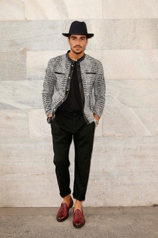 Grey Leather Bomber Jacket Outfits For Men: The sartorial arsenal of any discerning gent should always include such must-haves as a grey leather bomber jacket and black dress pants. This ensemble is complemented wonderfully with burgundy leather tassel loafers.