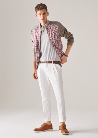 Men's Red Gingham Bomber Jacket, White Crew-neck T-shirt, White Dress Pants, Tobacco Leather Derby Shoes