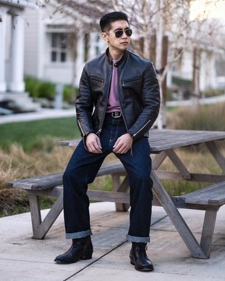 Black Leather Chelsea Boots Outfits For Men: Pair a black leather bomber jacket with navy jeans if you seek to look cool and casual without spending too much time. For something more on the dressier end to finish off your look, complement this outfit with black leather chelsea boots.