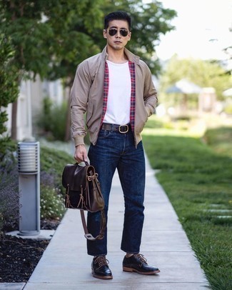 Navy Leather Derby Shoes Outfits: If you're in search of a casual but also seriously stylish ensemble, make a tan bomber jacket and navy jeans your outfit choice. Hesitant about how to complement your outfit? Finish off with a pair of navy leather derby shoes to smarten it up.