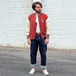 Red Print Jacket Outfits For Men: This relaxed casual pairing of a red print jacket and navy jeans is a never-failing option when you need to look cool and casual but have no time. If you don't know how to finish, complement your outfit with white canvas low top sneakers.