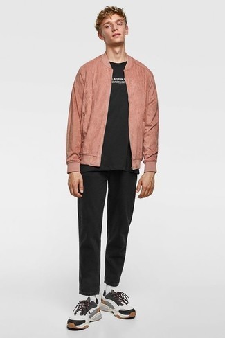 Men's Pink Bomber Jacket, Black and White Print Crew-neck T-shirt, Black Jeans, White and Black Athletic Shoes